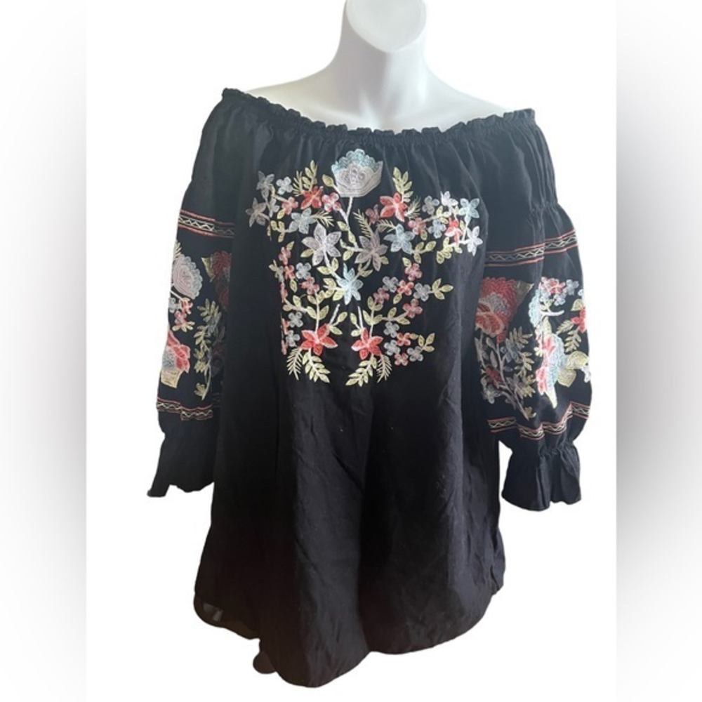 Free People Black Off Shoulder Embroidered Dress XS